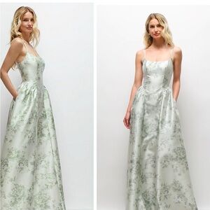 Dessy Collection DROP BASQUE SKIRT FLORAL SATIN MAXI DRESS SAGE COTTAGE ROSE